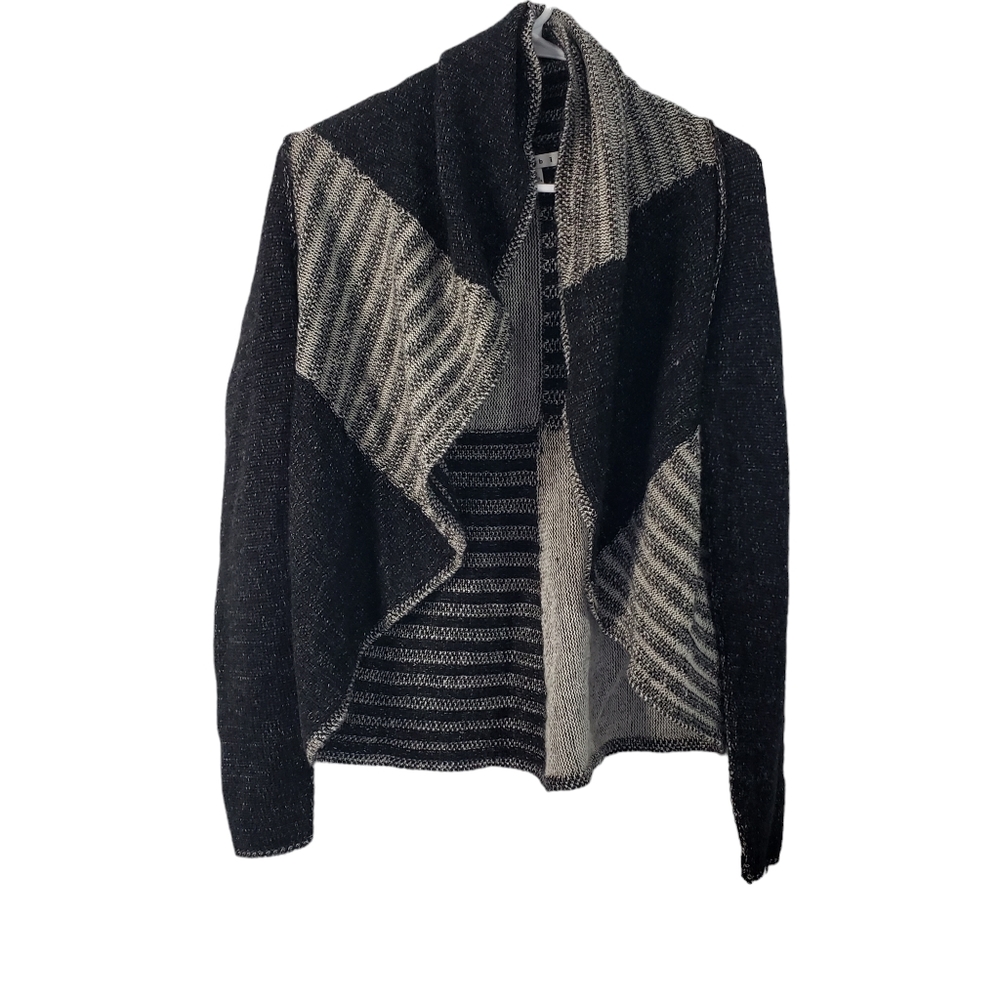 CABI Black Gray Patchwork Cardigan Open Front Knit Sweater Size Medium